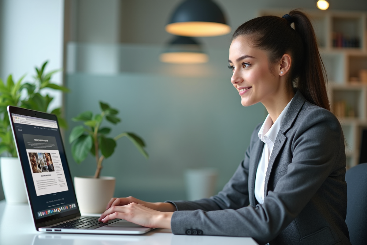 Jeune femme professionnelle travaillant sur un ordinateur dans un bureau moderne