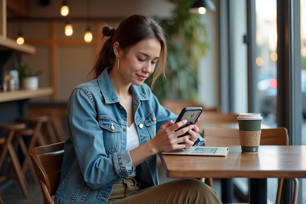 Jeune femme au café utilisant son smartphone avec focus