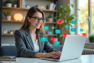 Jeune femme souriante analysant des données marketing sur son ordinateur