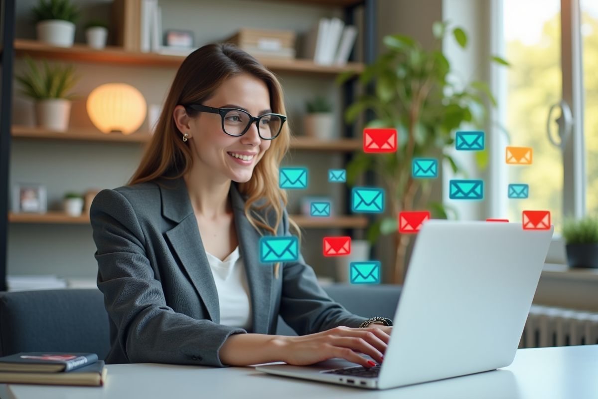 Jeune femme souriante analysant des données marketing sur son ordinateur