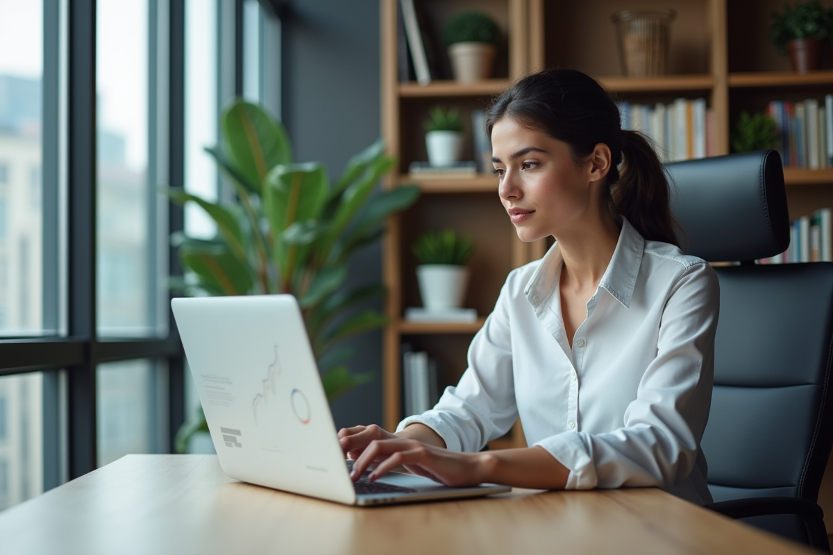 Jeune femme analysant des graphiques SEO dans un bureau moderne