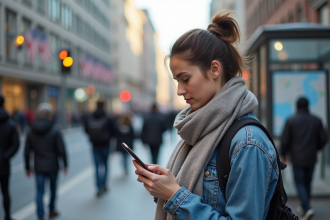 Jeune femme urbaine regardant son smartphone en ville