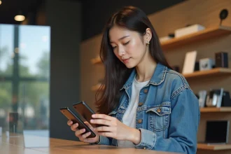 Jeune femme compare deux smartphones en magasin