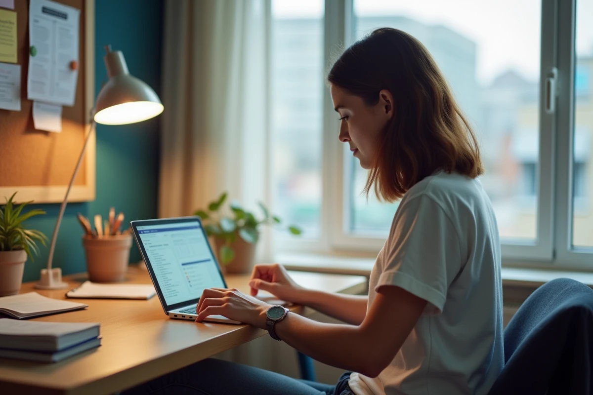 Jeune étudiante regardant son tablet dans son appartement