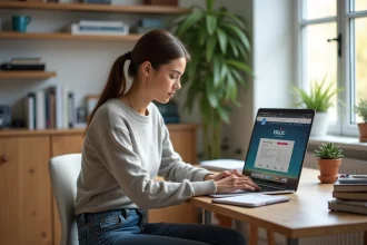Jeune femme concentrée sur son ordinateur portable à la maison