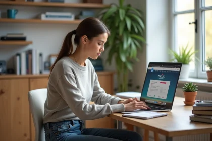 Jeune femme concentrée sur son ordinateur portable à la maison
