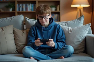 Jeune garçon avec console et guide dans un salon cosy