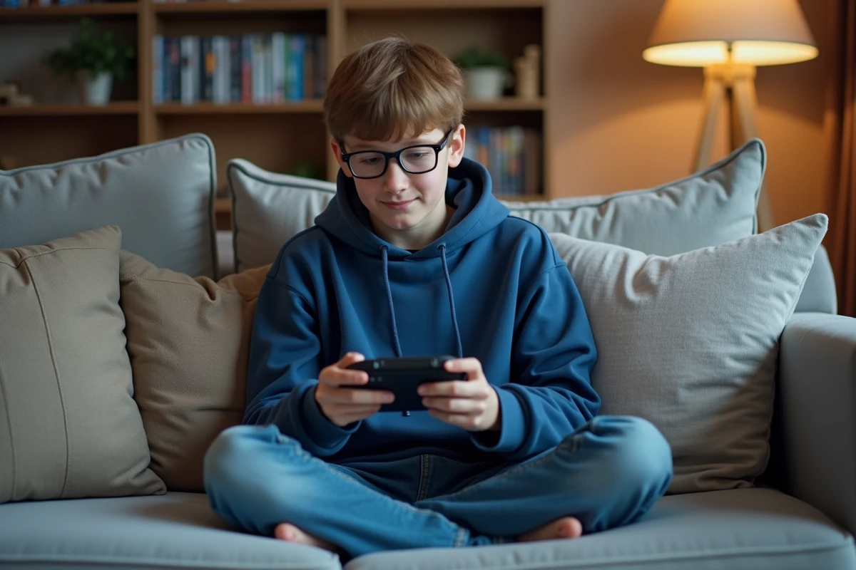 Jeune garçon avec console et guide dans un salon cosy