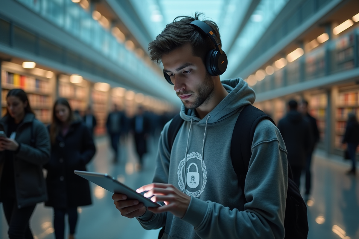 Jeune homme utilisant une tablette dans une bibliothèque