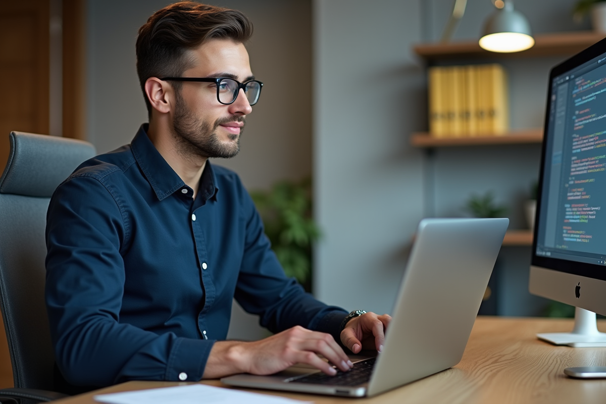 Jeune homme en bureau travaillant sur code et API
