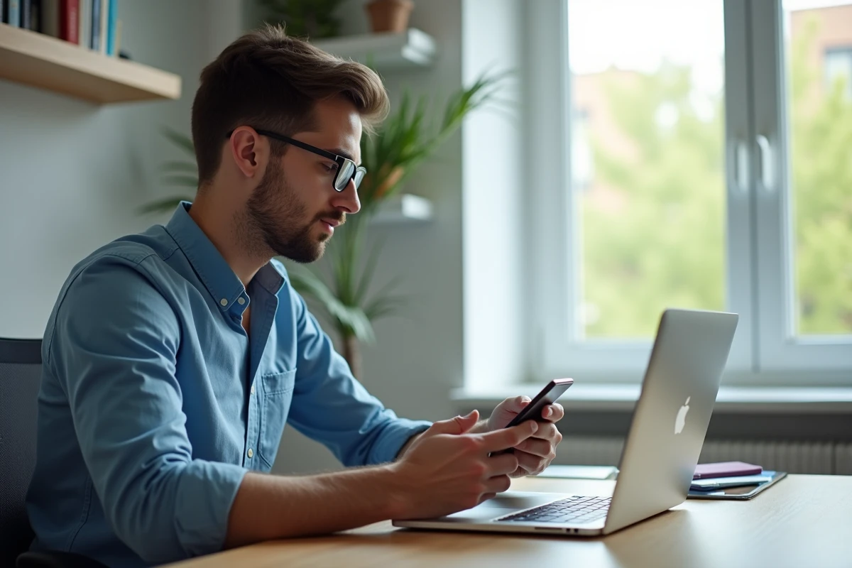 Jeune homme au bureau à domicile utilisant son ordinateur et smartphone