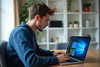 Jeune homme au bureau utilisant un ordinateur avec Windows 7