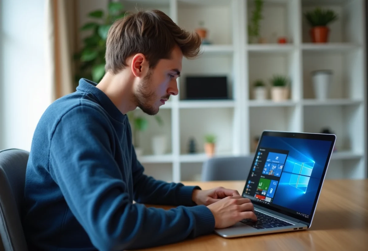 Jeune homme au bureau utilisant un ordinateur avec Windows 7