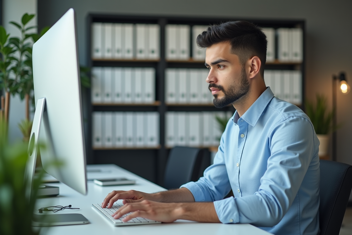 Jeune homme professionnel travaillant sur un ordinateur moderne dans un bureau lumineux