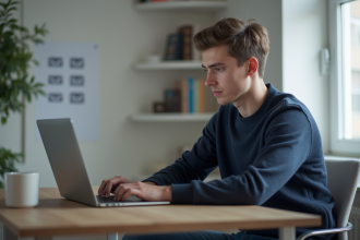 Jeune homme au bureau travaillant sur un ordinateur portable