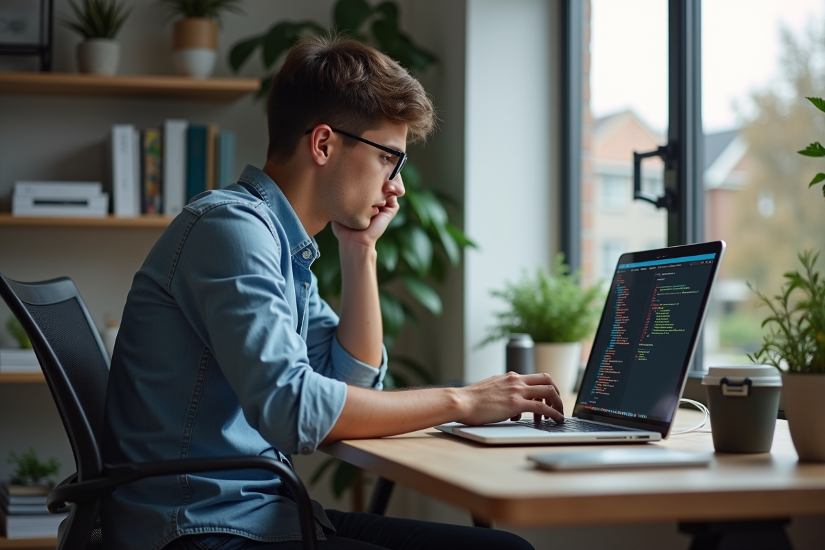 Jeune homme frustré devant un ordinateur avec code et site web