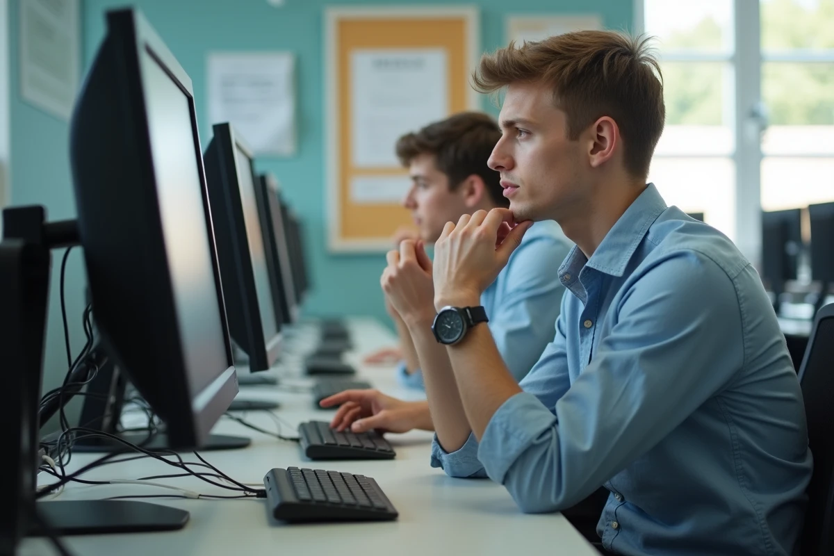 Jeune homme pensif dans un laboratoire informatique universitaire