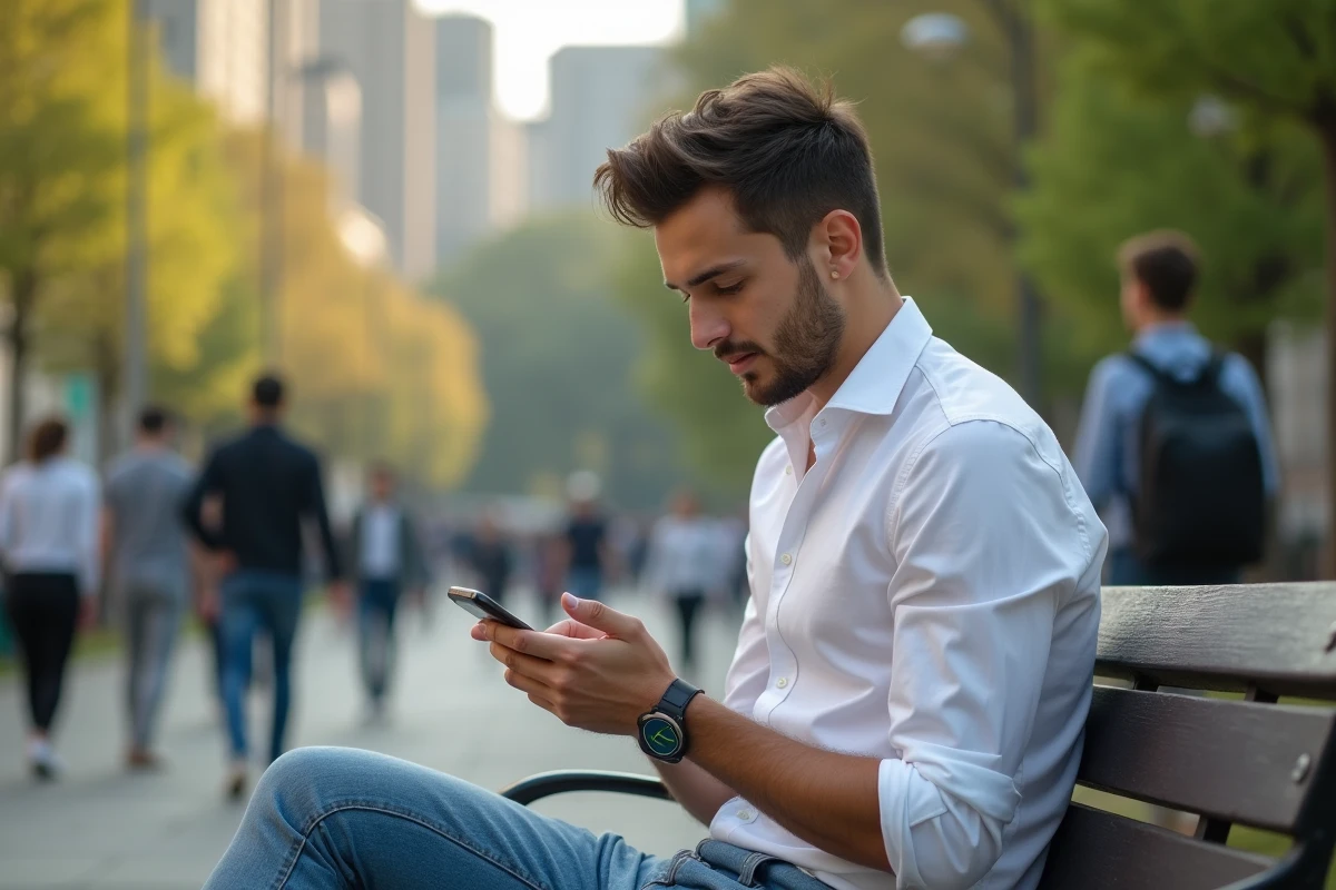 Jeune homme assis sur un banc de parc avec son téléphone