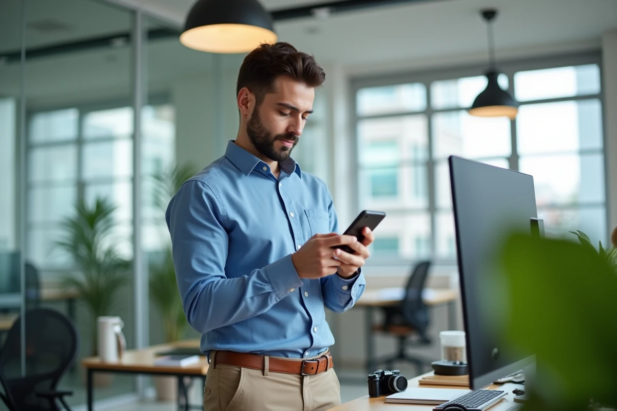 Jeune homme vérifiant options de sauvegarde en bureau
