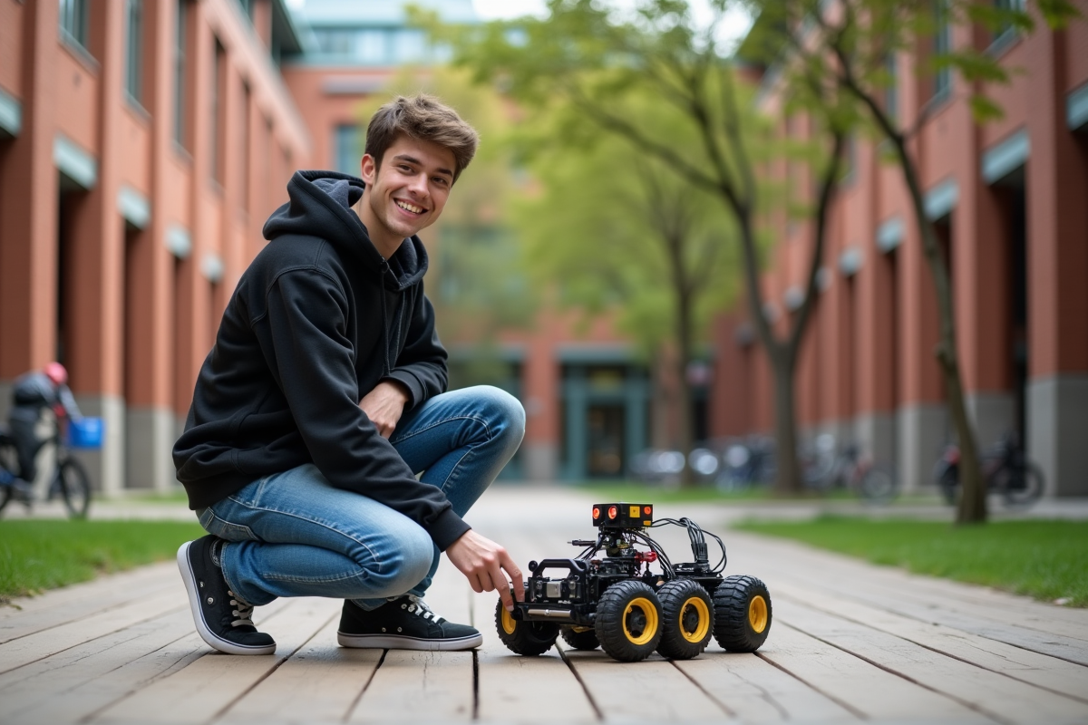 Jeune homme ajustant un robot dans une cour universitaire