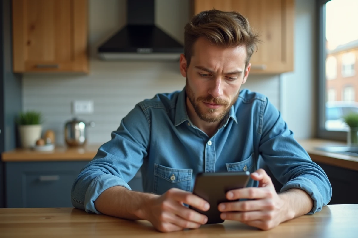 Jeune homme dans la cuisine moderne avec smartphone