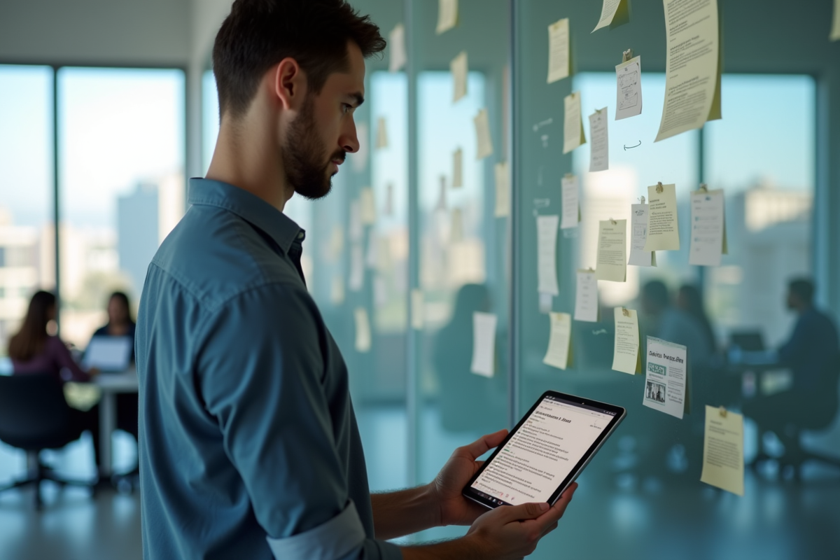 Jeune homme pointant un email client sur une tablette en réunion