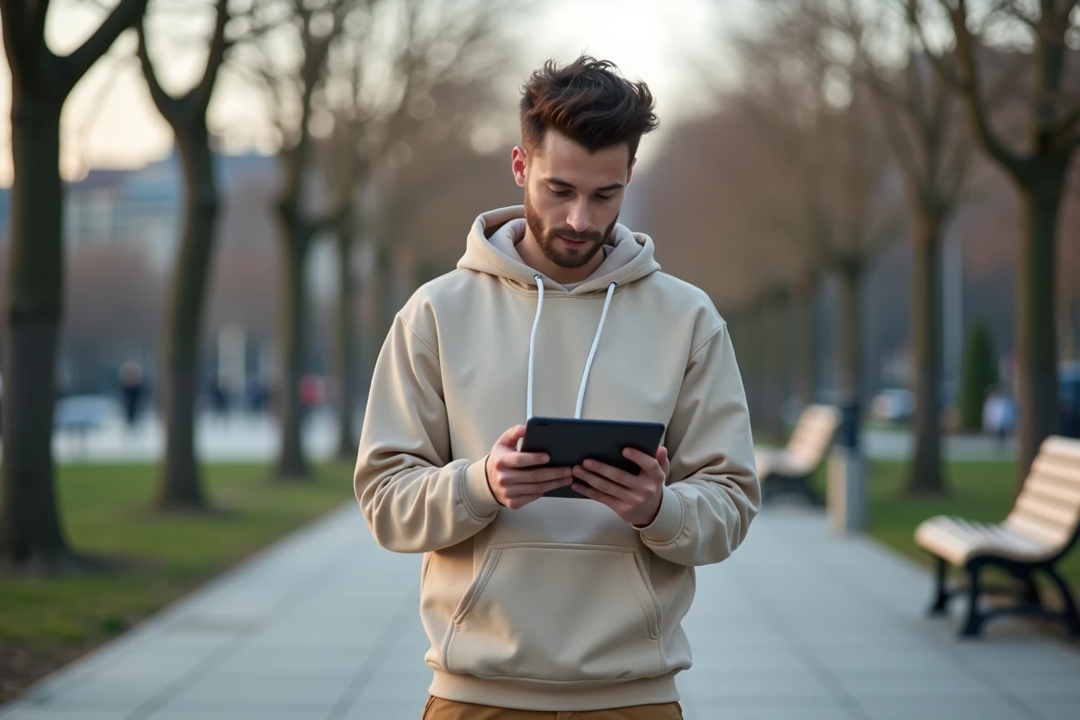 Jeune homme regardant des sauvegardes sur tablette en ville