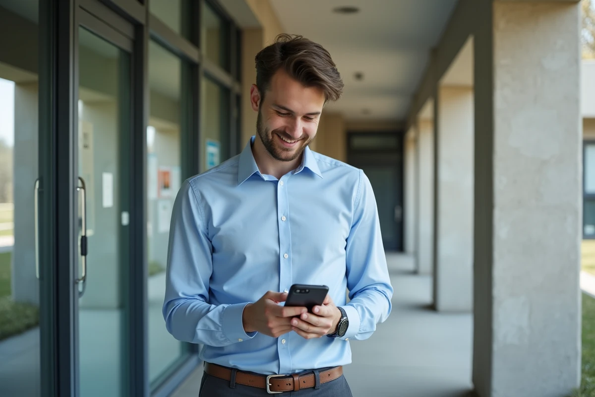Jeune homme utilisant son smartphone dans un couloir universitaire