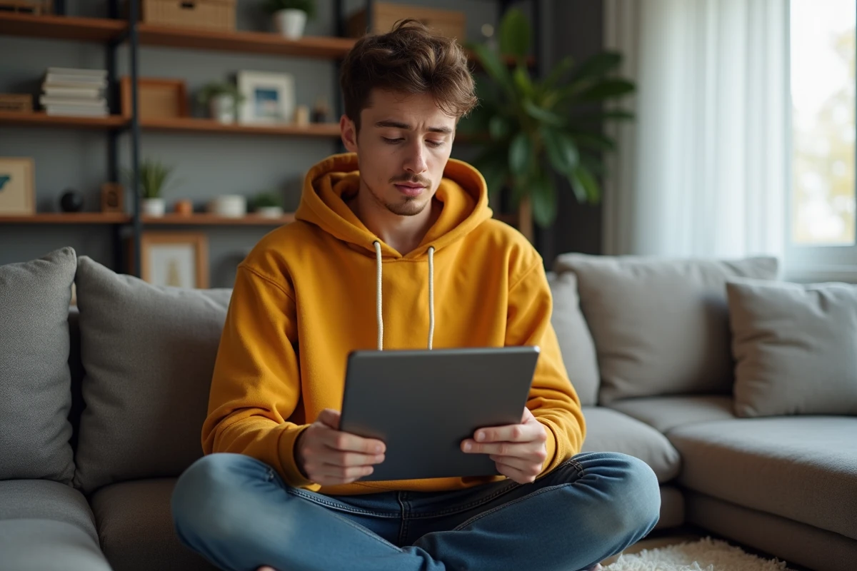 Jeune personne lisant un article sur la différence entre cookies, activité et historique sur une tablette dans un salon confortable