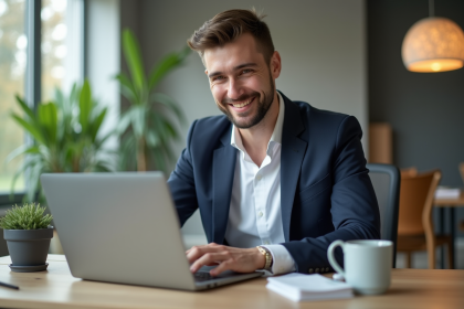 Jeune homme professionnel travaillant à son bureau moderne
