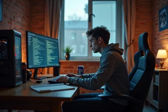 Joueur installé devant un PC gaming d'entrée de gamme gérant des mods GTA V pour optimiser les performances sur faible configuration