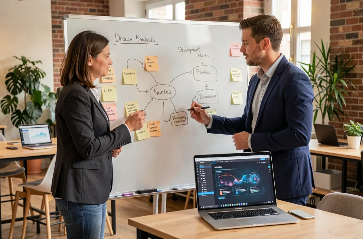 Équipe LEANDO.tech collaborant sur le développement produit et l'intégration IA dans un bureau à Nantes