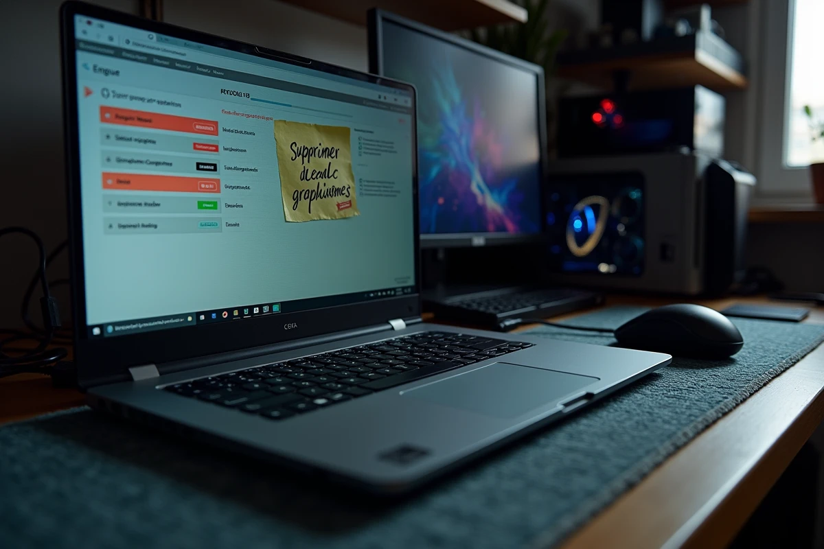 Écran de laptop affichant une liste de mods GTA V avec options de suppression pour améliorer les performances sur ordinateur peu puissant