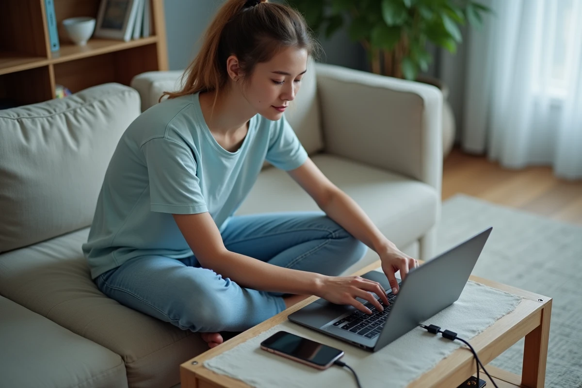 Jeune femme utilisant un logiciel de récupération de SMS sur ordinateur connecté à son téléphone