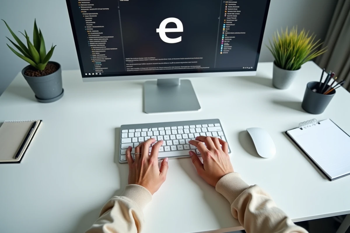 Mains au-dessus d'un clavier sans fil configurant un raccourci pour le caractère È majuscule dans un éditeur de texte