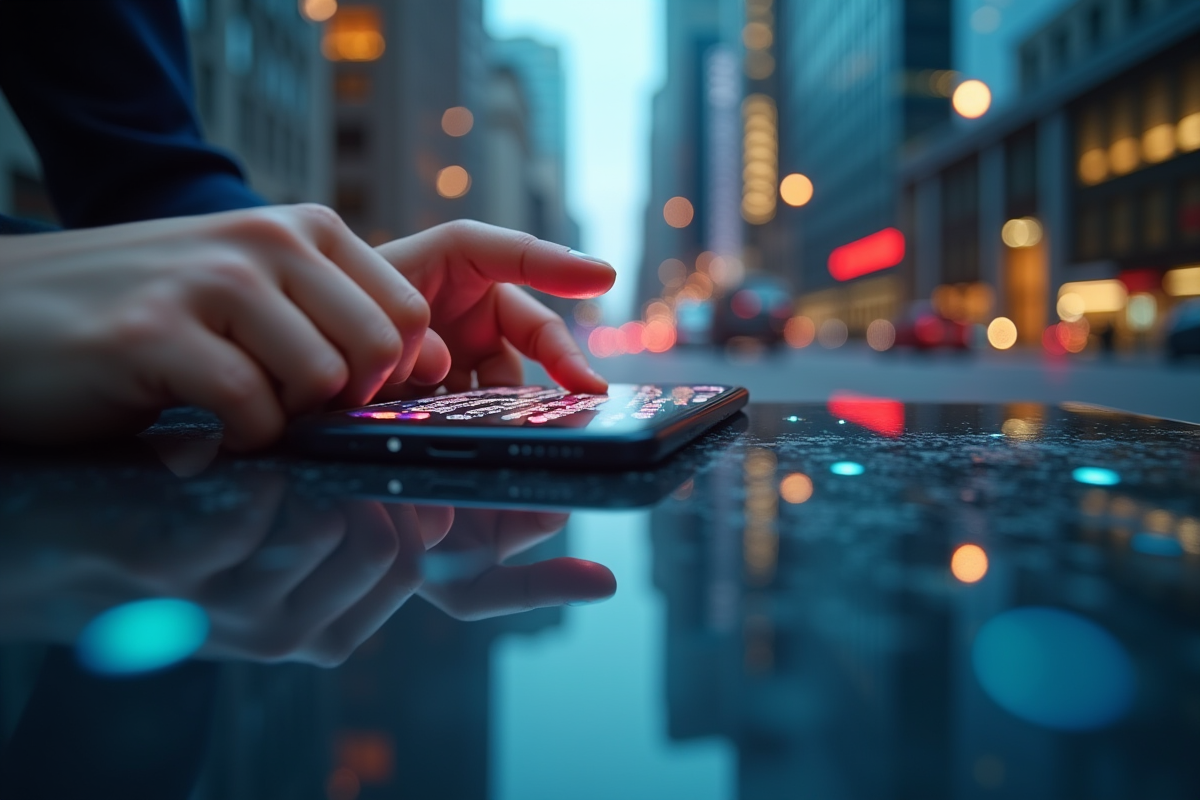 Mains tenant un smartphone affichant des données API
