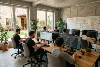 Vue d'ensemble d'une agence de développement web moderne dans le Gard, avec des développeurs travaillant sur des projets numériques