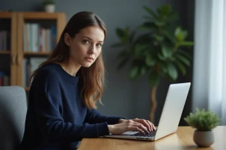 Jeune femme utilisant une messagerie anonyme sur son ordinateur portable dans un bureau minimaliste à domicile