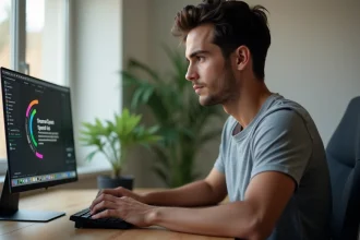 Jeune homme concentré jouant à un mini-jeu de vitesse de frappe sur clavier mécanique dans un bureau moderne
