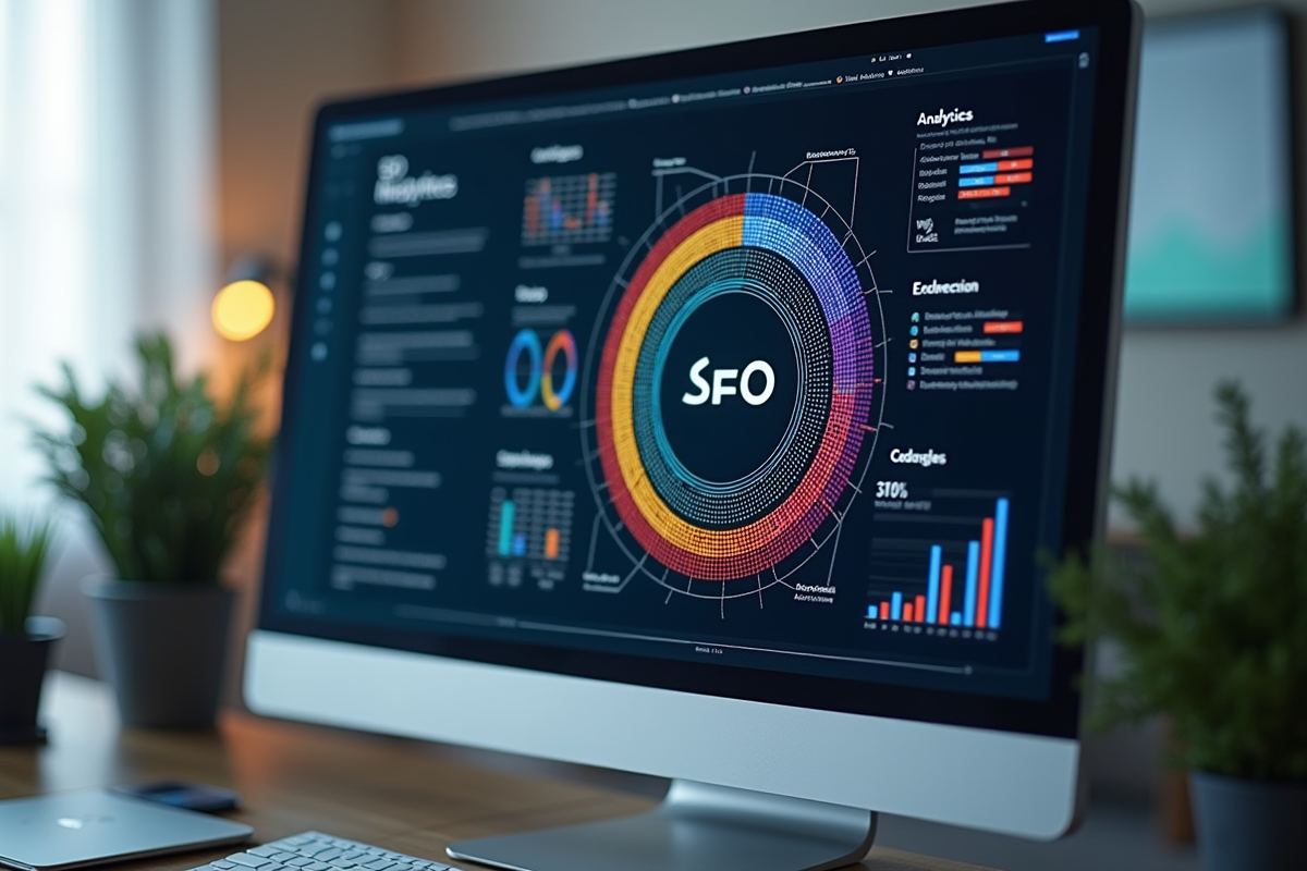 Ecran avec roue SEO et graphiques d