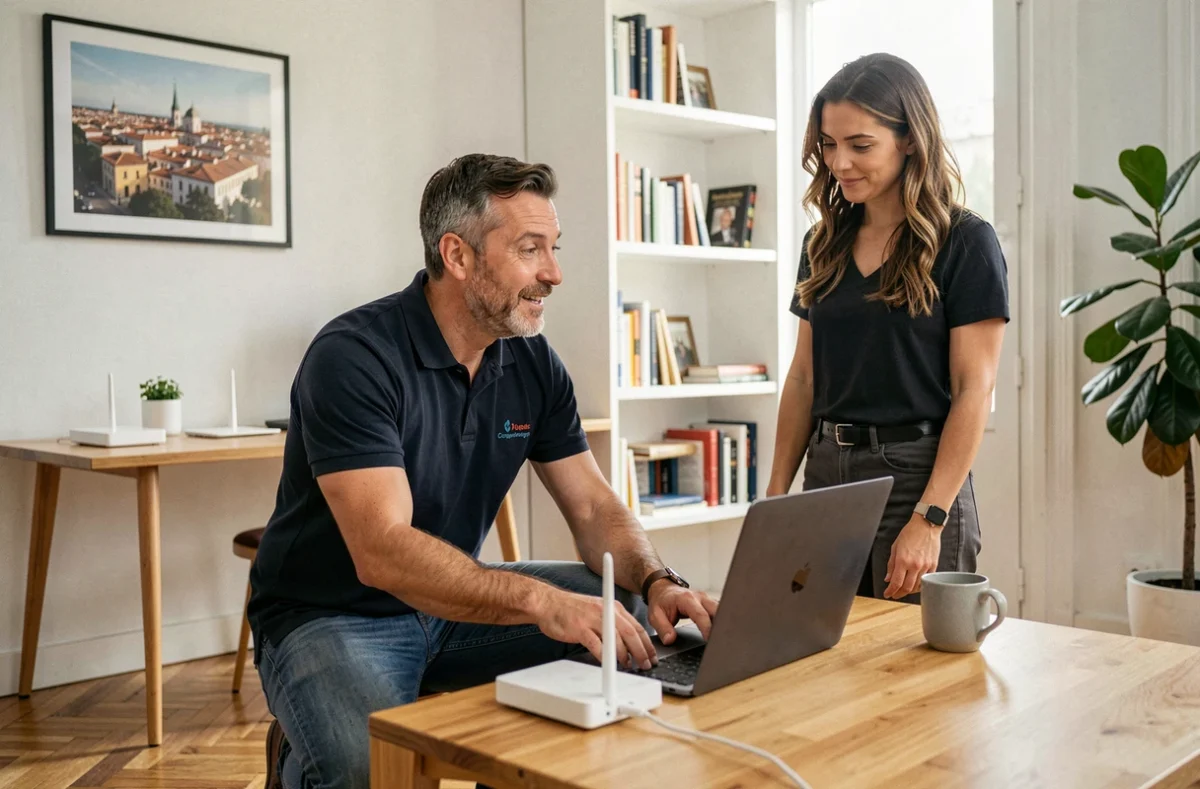 Technicien de Nîmes Assistance Informatique intervenant à domicile pour connecter l'ordinateur d'une cliente à Nîmes