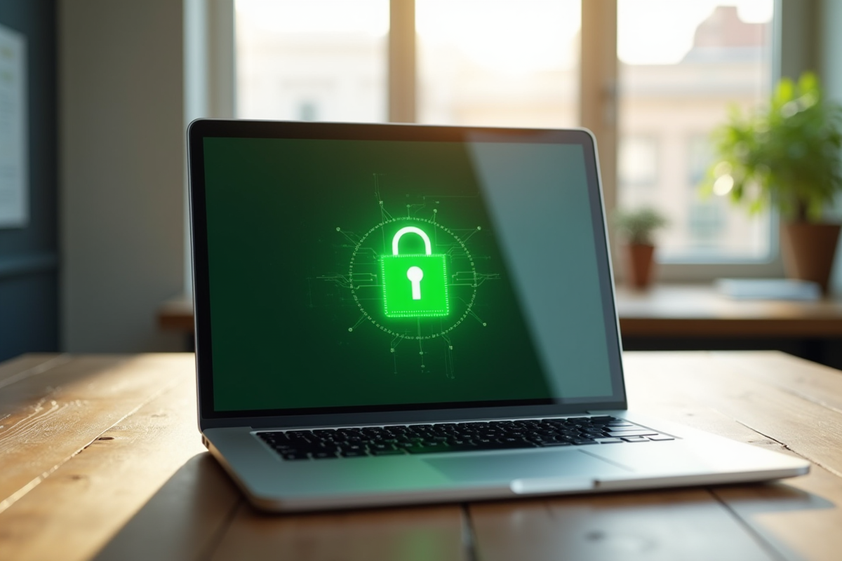 Ordinateur portable argenté affichant un cadenas SSL vert sur l'écran