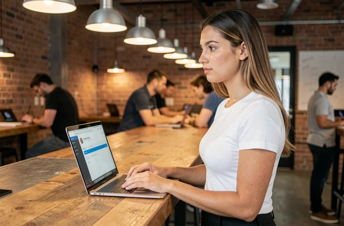 Jeune femme configurant les paramètres de redirection de messagerie sur un laptop dans un espace de coworking