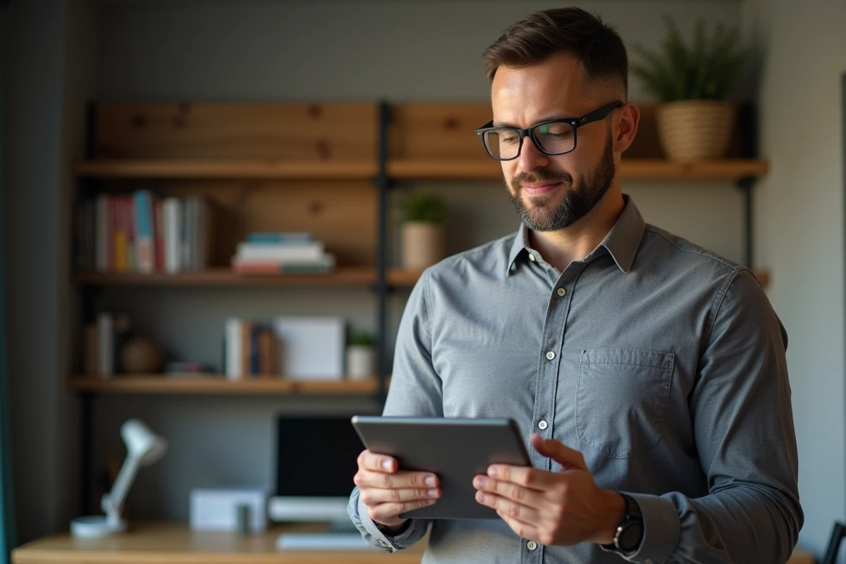 Parent consultant les notifications de messages scolaires de l'ENT77 sur une tablette dans un bureau à domicile