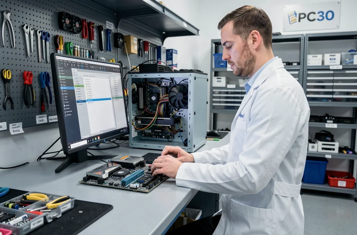 Technicien PC30 utilisant un logiciel de diagnostic sur un PC en réparation dans son atelier spécialisé dans le Gard