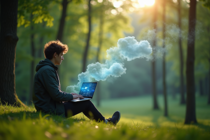 Personne travaillant en extérieur avec un ordinateur et des nuages numériques