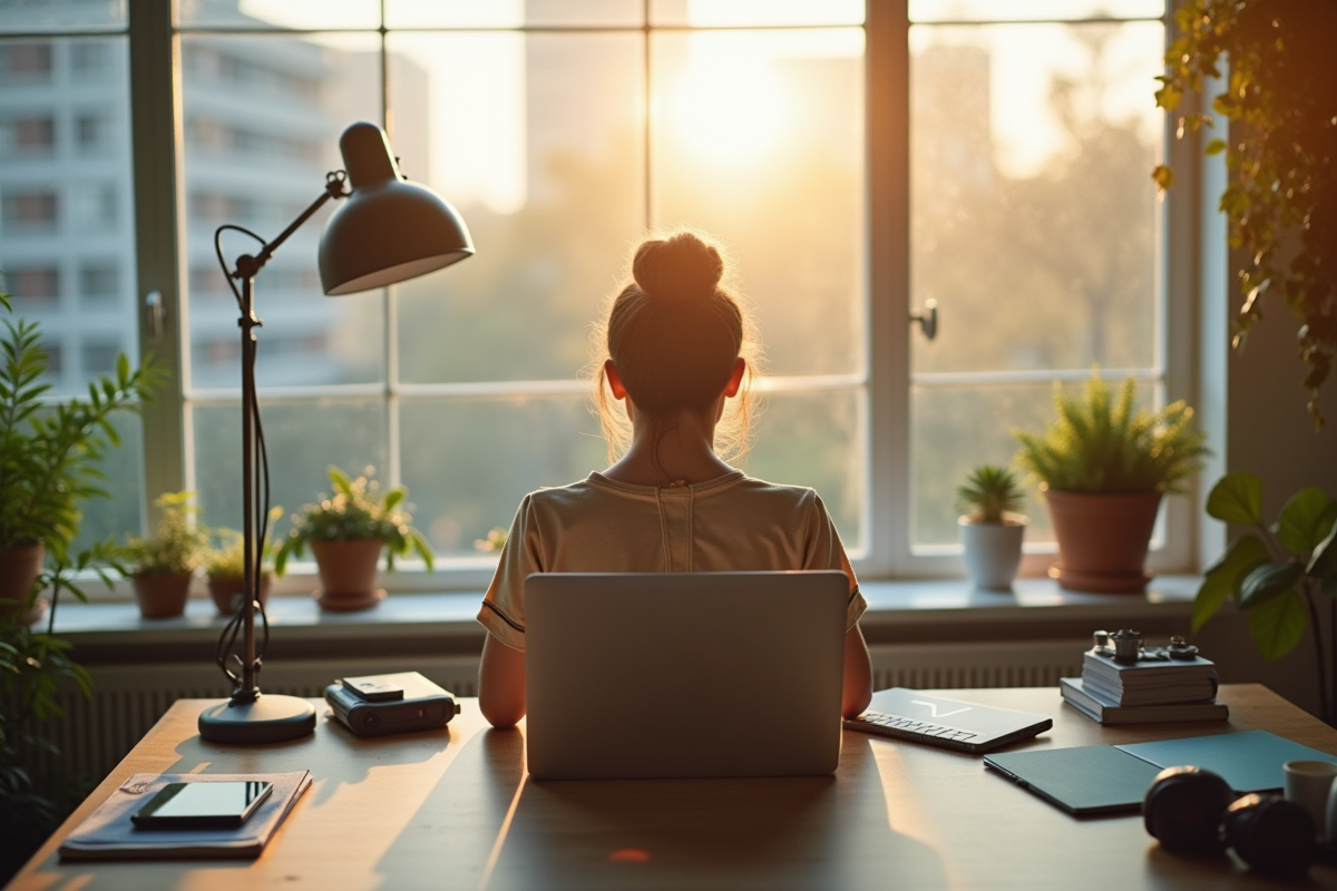 Personne travaillant sur un ordinateur dans un bureau lumineux