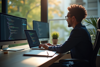 Personne travaillant sur un ordinateur dans un bureau lumineux