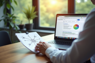 Personne au bureau avec recherche Google et notes