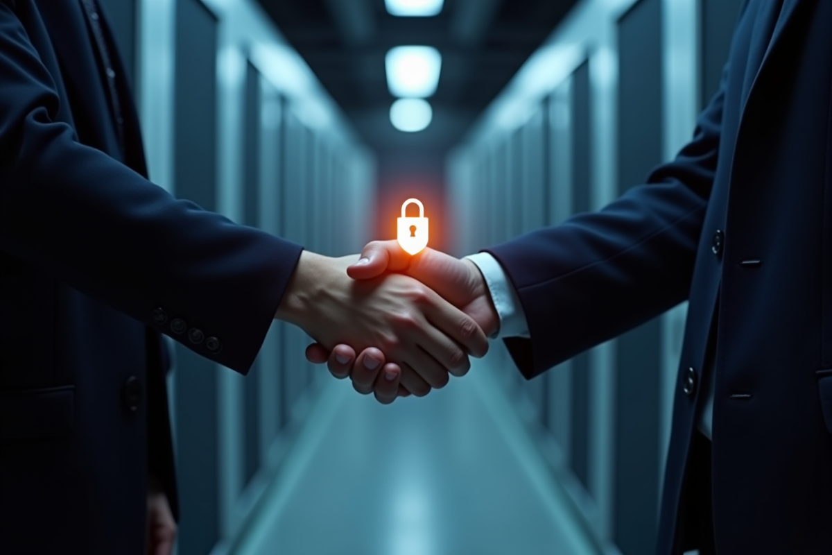 Poignée entre deux professionnels avec certificat SSL en main dans un serveur